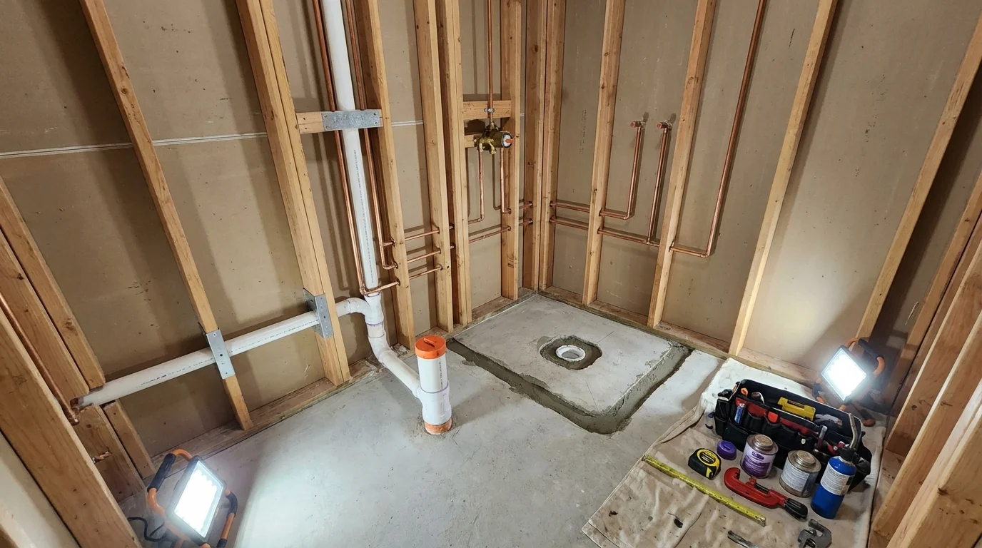 Bathroom rough-in plumbing during remodel by Johns Plumbing LLC in Mays Landing