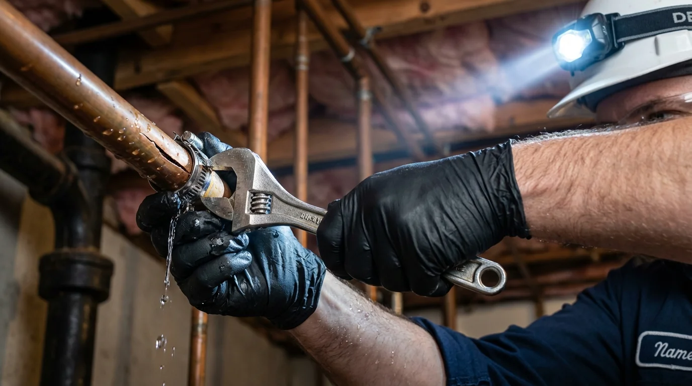 Emergency pipe clamp repair being performed by a Johns Plumbing LLC plumber in Mays Landing