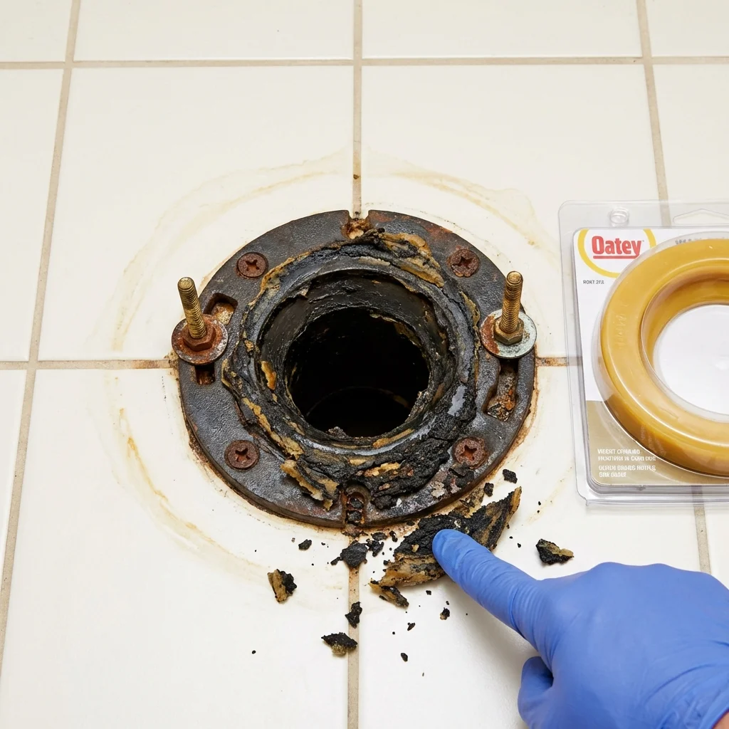 Failed wax ring showing water seepage at the base of a toilet in a Mays Landing, NJ home