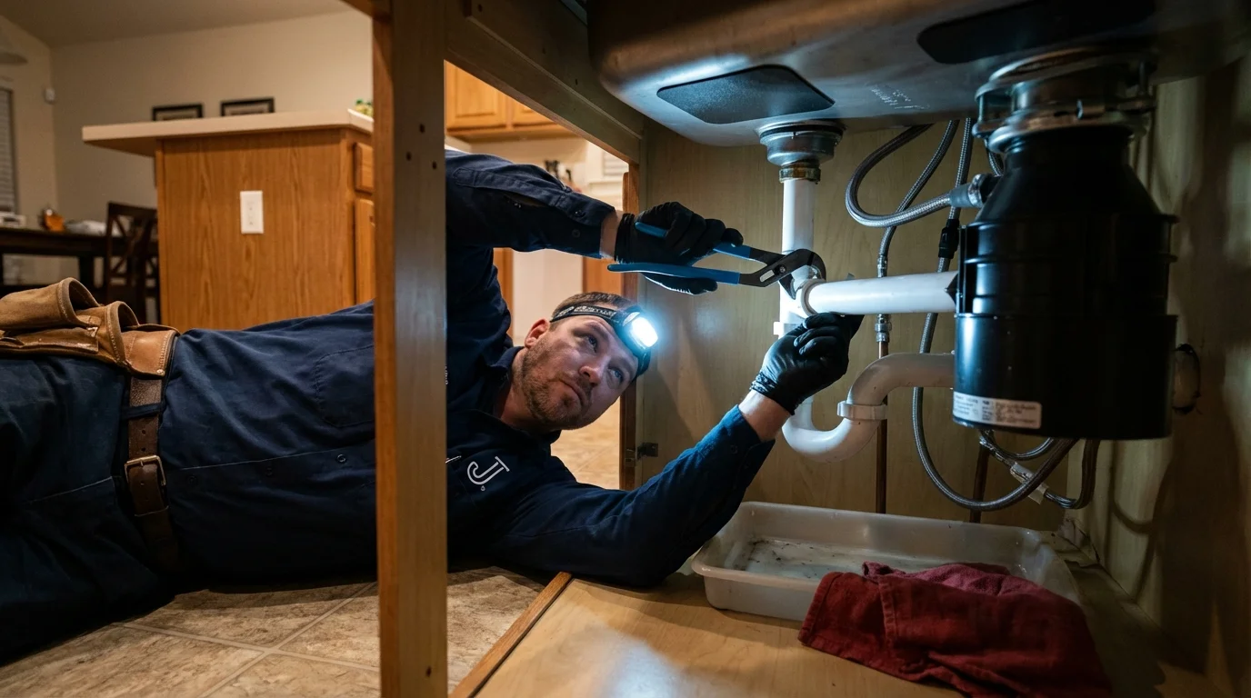 P-trap and supply line connections under a kitchen sink showing a common leak point in Mays Landing, NJ